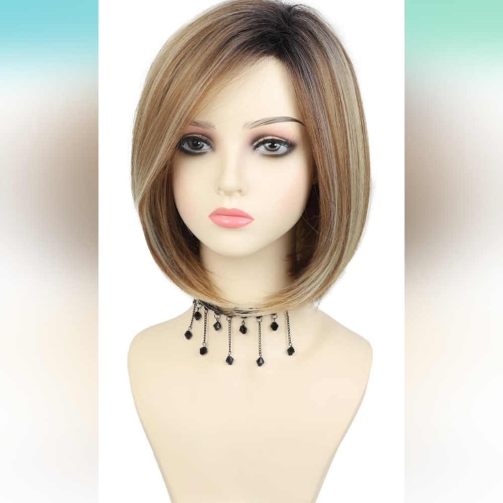 Renetahow 12 inch Ombre Blonde Straight Bob Synthetic Hair Wig